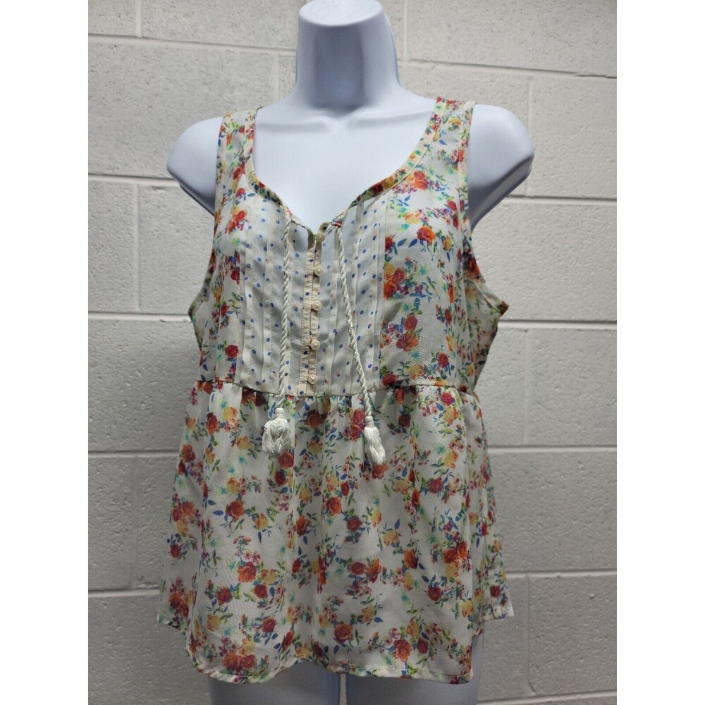 Arizona Jean Co Scoop Neck Babydoll Top Size L Closure Button & TASSLE TIE